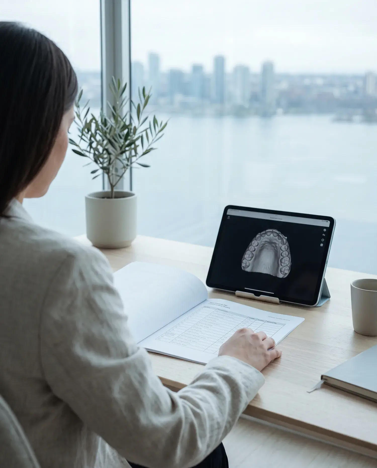 Someone seated at a desk beside a window, seen from behind, reading a printed treatment plan with a dental scan displayed on a tablet next to it