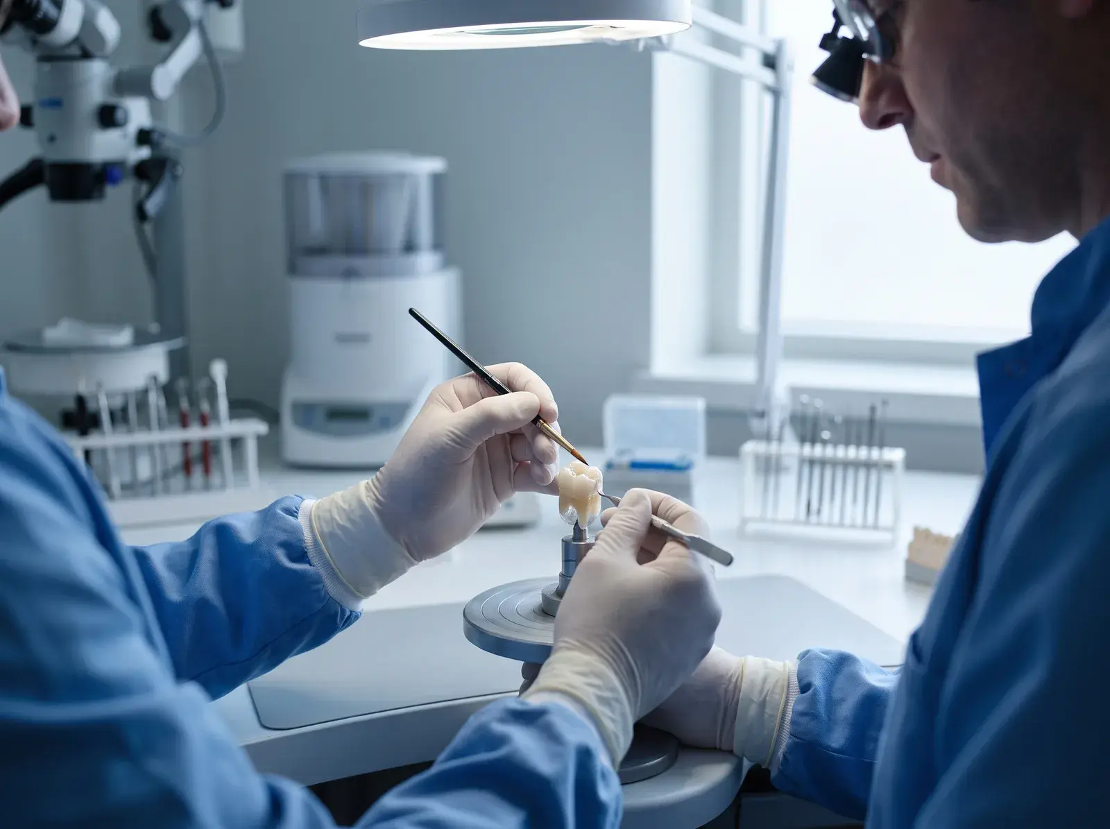 A dental technician at a laboratory bench, shaping a single ceramic crown under a lamp with a fine brush