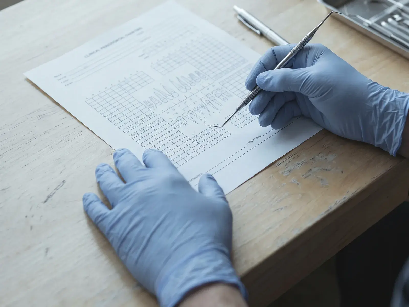 Gloved hands working over a printed periodontal charting sheet, holding a slim periodontal probe, with an instrument tray alongside